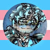 Art of Ace1diots character: He has blue-grey fluffy hair in a ponytail & messy bangs, facial hair stubble, gold glasses, blue eyes, a blue crystal earing, a choker necklace with a blue crystal on it & a light blue suit. He is surrounded by the trans flag