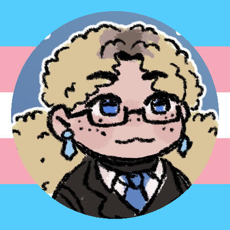 Art of Ace1diots character: He has blue-grey fluffy hair in a ponytail & messy bangs, facial hair stubble, gold glasses, blue eyes, a blue crystal earing, a choker necklace with a blue crystal on it & a light blue suit. He is surrounded by the trans flag