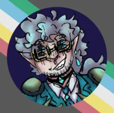Art of Ace1diots character: He has blue-grey fluffy hair in a ponytail & messy bangs, facial hair stubble, gold glasses, blue eyes, a blue crystal earing, a choker necklace with a blue crystal on it & a light blue suit. He is surrounded by the trans flag